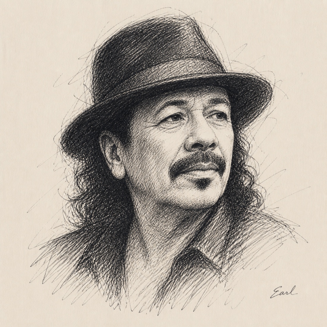 Carlos Santana in a loose cross-hatched Atlas Ink editorial portrait on warm cream paper